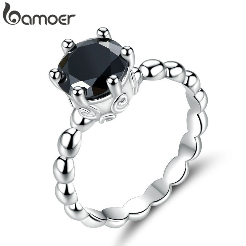 BAMOER Silver Color Finger Ring with Black Cubic Zirconia For Women Fashion Wedding Jewelry PA7221