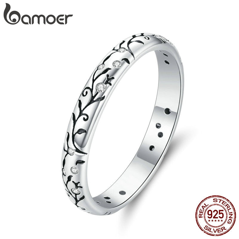 bamoer 925 Sterling Silver Vine Pattern Finger Rings for Women Vintage Retro Stackable Rings Band Silver Fine Jewelry SCR659