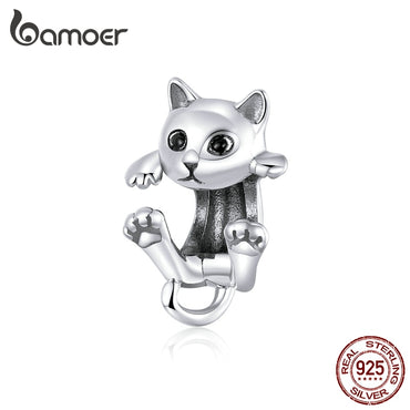 bamoer Authentic 925 Sterling Silver Cute Cat Kitty Animal Beads Charm for Original 3mm Bracelet Bangle Girl Gifts BSC208