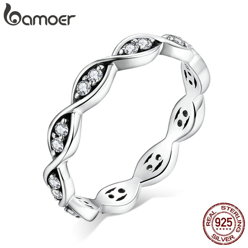 bamoer Authentic 925 Sterling Silver Simple Lines CZ Pendant Finger Rings for Women Engagement Statement Jewelry SCR665