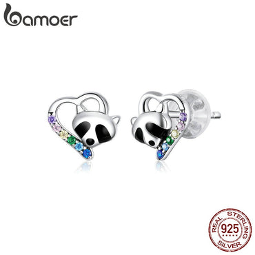 bamoer Genuine 925 Sterling Enamel Raccoon Studs Earrings for Women Heart-shape Ear Stud Wedding Statement Jewelry SCE883