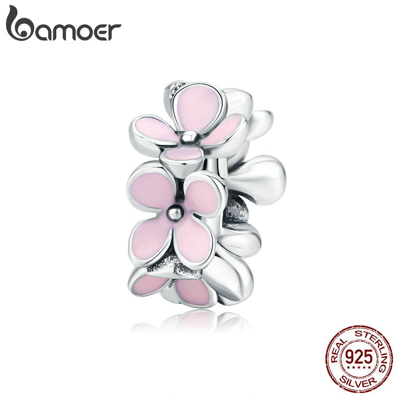 bamoer Silver 925 Pink Enamel Flower Charm for Women Original Bracelet Bangle 925 Sterling Silver DIY Jewelry Beads SCC1484