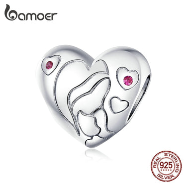 bamoer Mother's Day Collection 925 Sterling Silver Heart Mom and Baby Charm fit for Original Silver Bracelet or Bangle BSC216