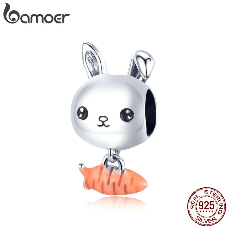 bamoer Genuine 925 Sterling Silver Enamel Carrot for Rabbit Metal Charm for Original Silver Bracelet Cute Charms Gift BSC272