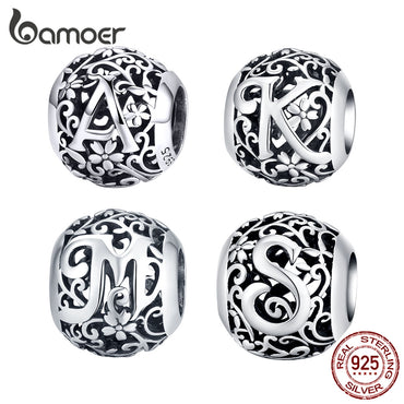 bamoer Genuine 925 Sterling Silver Alphabet Letters K Round Metal Beads for Women Jewelry Making Retro Design Bijoux SCC1444