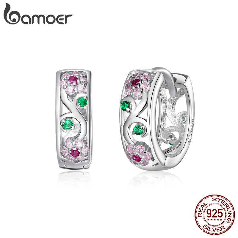 bamoer Genuine 925 Sterling Silver Spring Flower Hoop Earrings for Women Wedding Engagement Statement Fine Jewelry BSE403