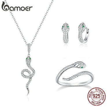 bamoer 925 Sterling Silver Luxury Brand Snake Pendant Necklace Adjustable Band Rings and Hoop Earrings for Women ZHS205