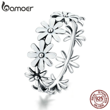bamoer 925 Sterling Silver Little Daisy Finger Rings for Women Vintage Retro Stackable Rings Band Silver Fine Jewelry SCR670