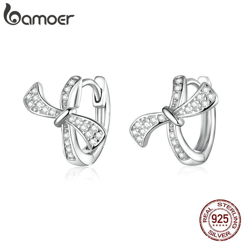 bamoer Authentic 925 Sterling Silver Dazzling Bowknot Hoop Earrings for Women Clear CZ Statement Jewelry 2020 New Brincos BSE404