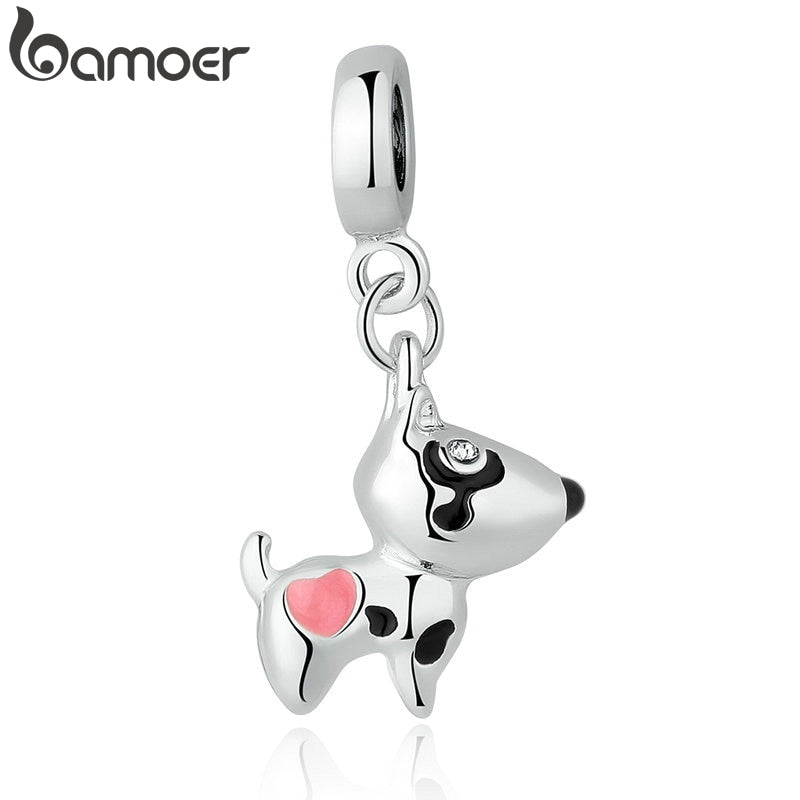 BAMOER Silver Color Pink Heart Dog Animal Pendants Charms Fit Bracelets Necklaces Women Cute Beads & Jewelry Making PA5328
