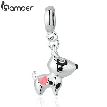 BAMOER Silver Color Pink Heart Dog Animal Pendants Charms Fit Bracelets Necklaces Women Cute Beads & Jewelry Making PA5328