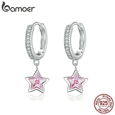 bamoer 925 Sterling Silver Jewelry Dazzling Pink Star CZ Light Stud Earrings for Women Girls Gift Statement Jewelry BSE414