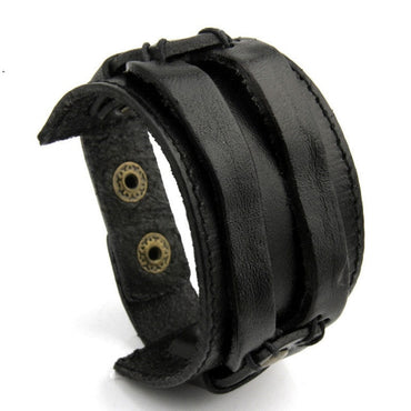 BAMOER Leather Cuff Double Wide Bracelet Rope Bangles Brown for Men Fashion Man Bracelet Unisex Jewelry Gift PI0296
