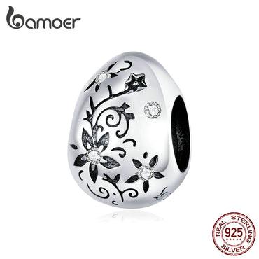 bamoer Easter Series Authentic 925 Sterling Silver Vintage Flower Pattern Metal Beads Egg Charm for Original Bracelet SCC1466