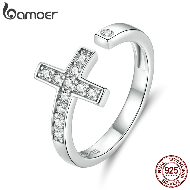 bamoer Genuine 925 Sterling Silver Shine Cross Finger Rings for Women Wedding Band Engagement Statement Jewelry Anel BSR139