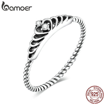 bamoer Authentic 925 Sterling Silver Dazzling Crown CZ Pendant Finger Rings for Women Engagement Statement Jewelry SCR663