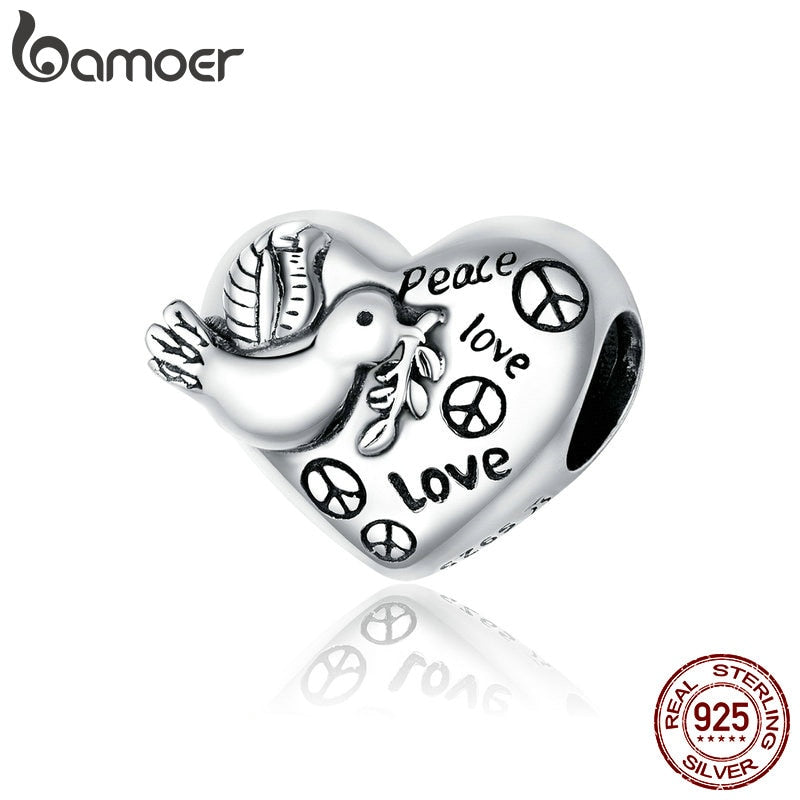 bamoer Real 925 Sterling Silver Love and Peace Beads Protect Heart Metal Charm fit Original Silver DIY Bracelet Jewelry SCC1580