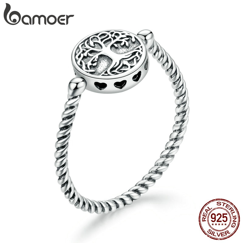bamoer Authentic 925 Sterling Silver Tree of Life Pendant Rings for Women Plated platinum Jewelry weeding finger Ring SCR667