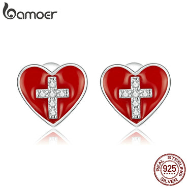 bamoer Genuine 925 Sterling Silver Cross with Heart Plated platinum CZ Stud Earrings for Women Jewelry 2020 Brincos BSE418