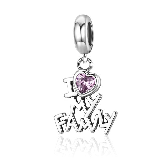 BAMOER Genuine 925 Sterling Silver I Love My Family Heart Dangle Charms fit Women Charm Bracelets Jewelry Family Gift SCC251