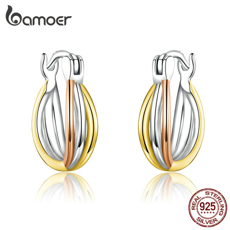 bamoer Real 925 Sterling Silver Bicolor Earrings for Women Statement Fine Jewelry Brinco earring Women Gift 2020 Bijoux SCE719