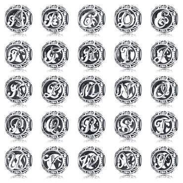 BAMOER Authentic 925 Sterling Silver Vintage A to T, Clear CZ Alphabet Letter Beads Fit Charm Bracelets DIY Jewelry SCC738
