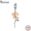 bamoer 3D Rose Flower Pendant Charm 925 Sterling Silver Rose Gold Color Charms for Bracelet or Necklace DIY Bijoux BSC145