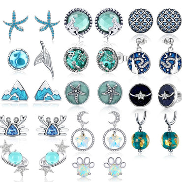 bamoer Sea Blue Clear CZ Stud Earrings for Women 925 Sterling Silver Earring Wave Starfish Round Planet Star Jewelry Earring