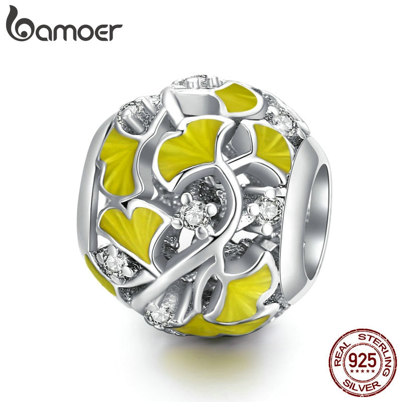 bamoer 925 Sterling Silver CZ Elegant Ginkgo Leaves Original Charm for Brand DIY Jewelry Make for women Girl Gift BSC334