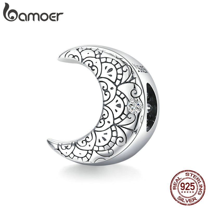 bamoer Genuine 925 Sterling Silver CZ silver Vine & Moon  Original Charm for Brand Female DIY Bracelet Jewelry make SCC1604