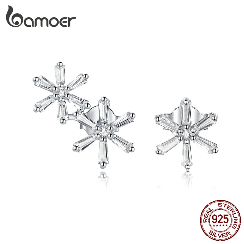 bamoer Real 925 Sterling Silver Elegant Snowflakes CZ Stone Stud silver Earrings for Women Animal Jewelry for Girl BSE425