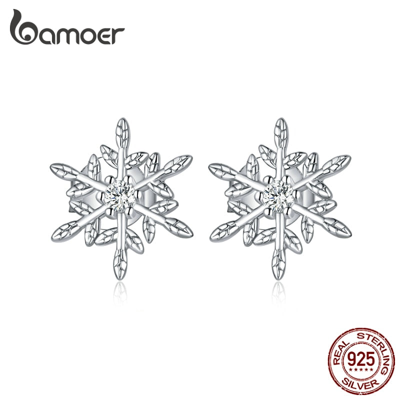 bamoer Authentic 925 Sterling Silver Romantic Snowflakes Earrings for Women Korean Style Fine Jewelry Moda Bijoux BSE424