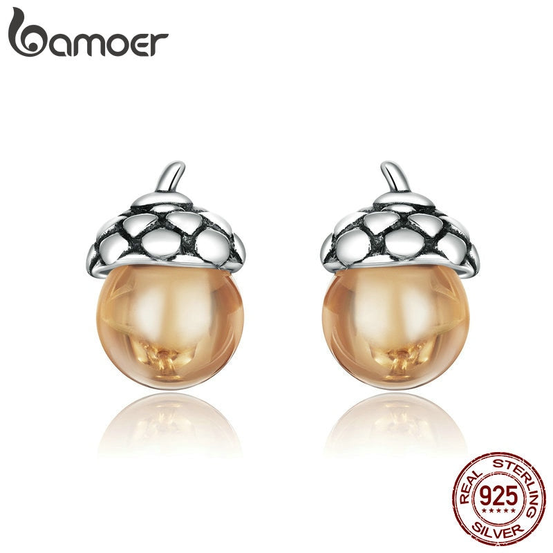 bamoer Stud Earrings for Women 925 Sterling Silver silver Ear Studs Shining Acorns Engagement Statement Jewelry earring SCE935