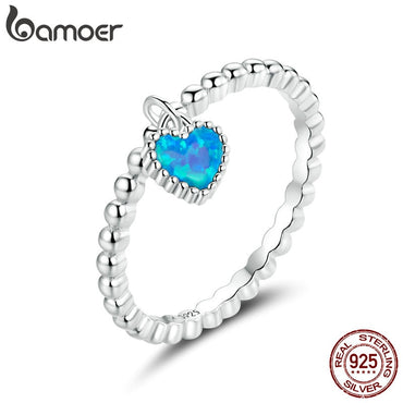 bamoer S925 Sterling Silver CZ Deep Blue Heart Finger Ring for Women Plated platinum Engagement Wedding Statement Jewelry SCR672