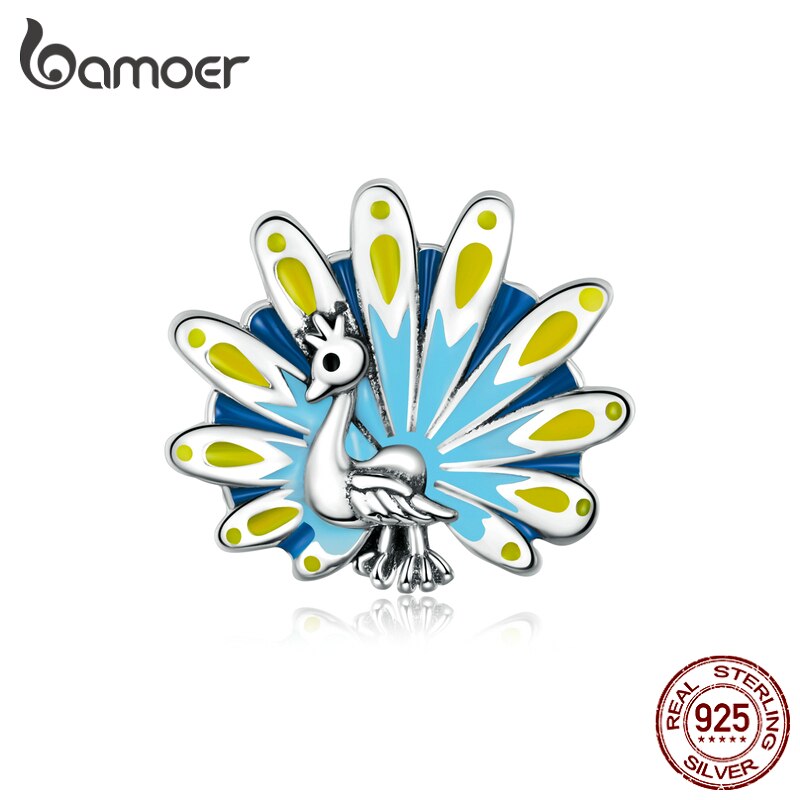 bamoer Blue Peacock Metal Beads for Women Jewelry Making 925 Sterling Silver Charm Original Bracelet 2020 Accessories SCC1644