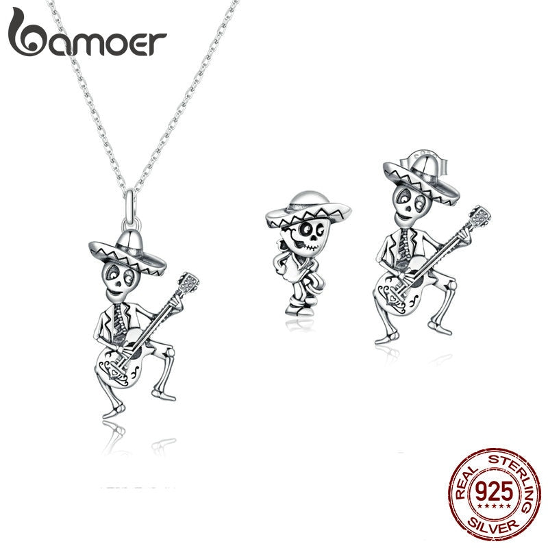 bamoer Genuine 925 Sterling Silver Skull Man with Guitar Long Chain Clip Earrings and Necklaces Jewelry Sets for Women ZHS209