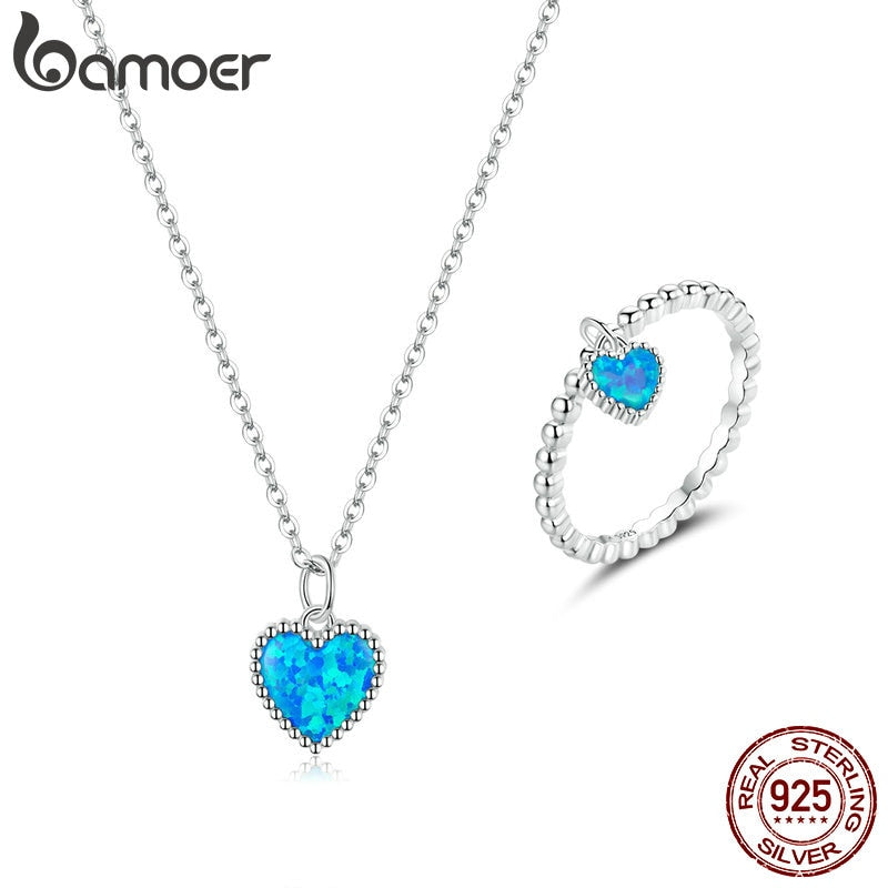 bamoer Genuine 925 Sterling Silver Deep Blue Heart  Translucent opal finger ring and Necklaces Jewelry Sets for Women SCN413