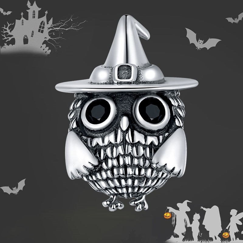 bamoer Genuine 925 Sterling Silver Halloween Owl Original CZ silver Charm for Brand Female DIY Bracelet Jewelry make SCC1616