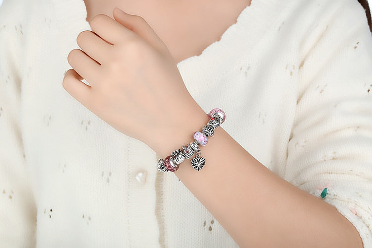 Silver Color Snake Chain Charm Bracelets & Bangles with Safety Chain & Glass Beads Bracelet for Women PA1494