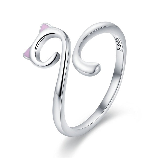 BAMOER Authentic 925 Sterling Silver Moon Cat Open Size Adjustable Finger Rings for Women Wedding Engagement Jewelry SCR451
