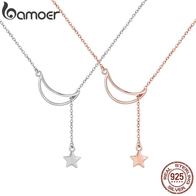 BAMOER New Arrival Fashion 925 Sterling Silver Moon and Star Tales Chain Link Pendant Necklaces for Women Fine Jewelry SCN108