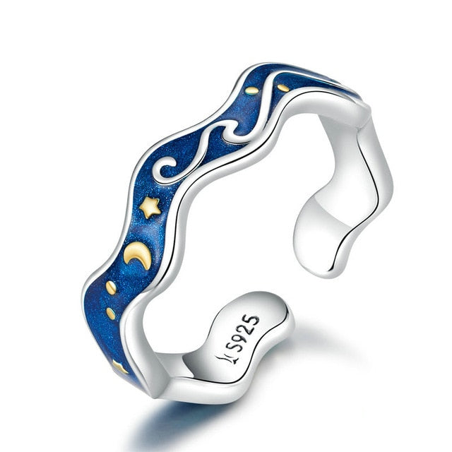 bamoer Sterling Silver 925 Lover Rings for Couple Blue Starry Sky of Van Gogh Open Finger Ring Design Jewelry Accessories SCR608