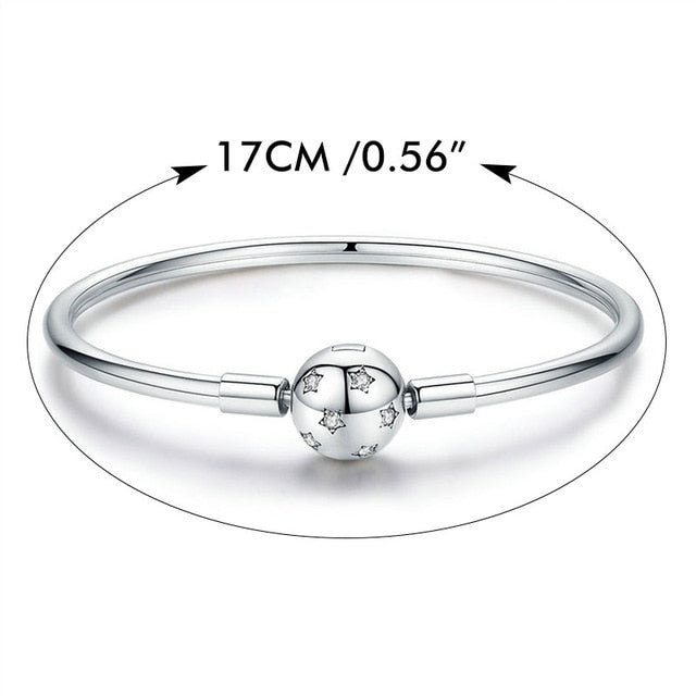 BAMOER Silver Star Bangle Sterling Silver 925 Round Clip Charm Clear CZ Smooth Bracelet 3mm Fit Brand DIY Jewelry SCB144