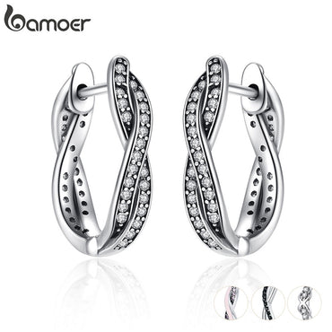 BAMOER Authentic 925 Sterling Silver Twist Of Fate Hoop  Earrings Clear CZ for Women Wedding Trendy Jewelry PAS465