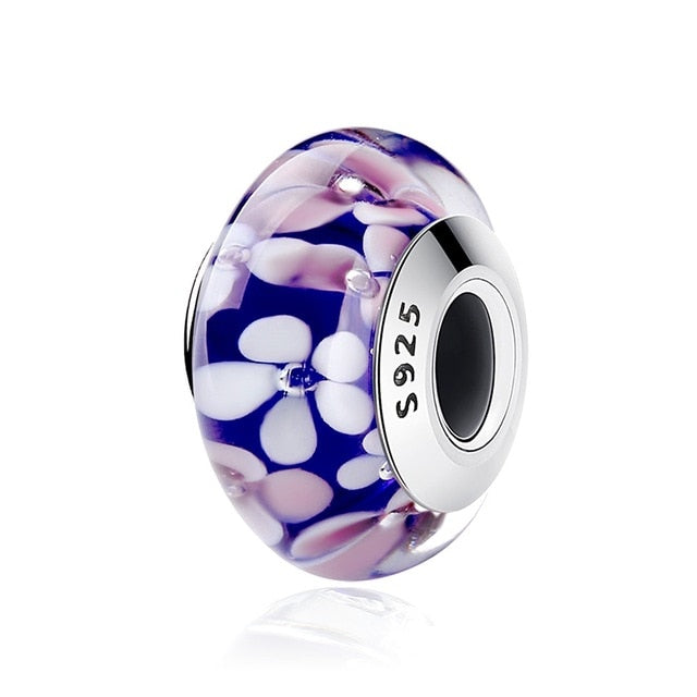 BAMOER 925 Sterling Silver Lovely Pink Flower European Murano Glass Beads Charms for DIY Bracelets Christmas DEAL SCZ001