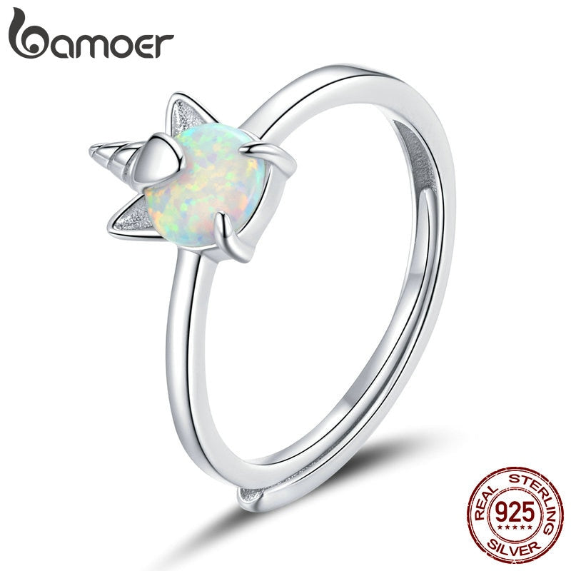 bamoer 925 Sterling Silver Rings  for Women Shining Opal Unicorn Adjustale Finger Ring Couple Wedding Statement Jewelry SCR684