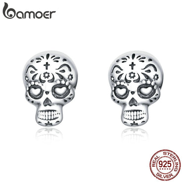 bamoer Authentic 925 Sterling Silver Gothic Cool Skull Stud Earrings for Women and Men Silver 925 Fashion Jewelry SCE953