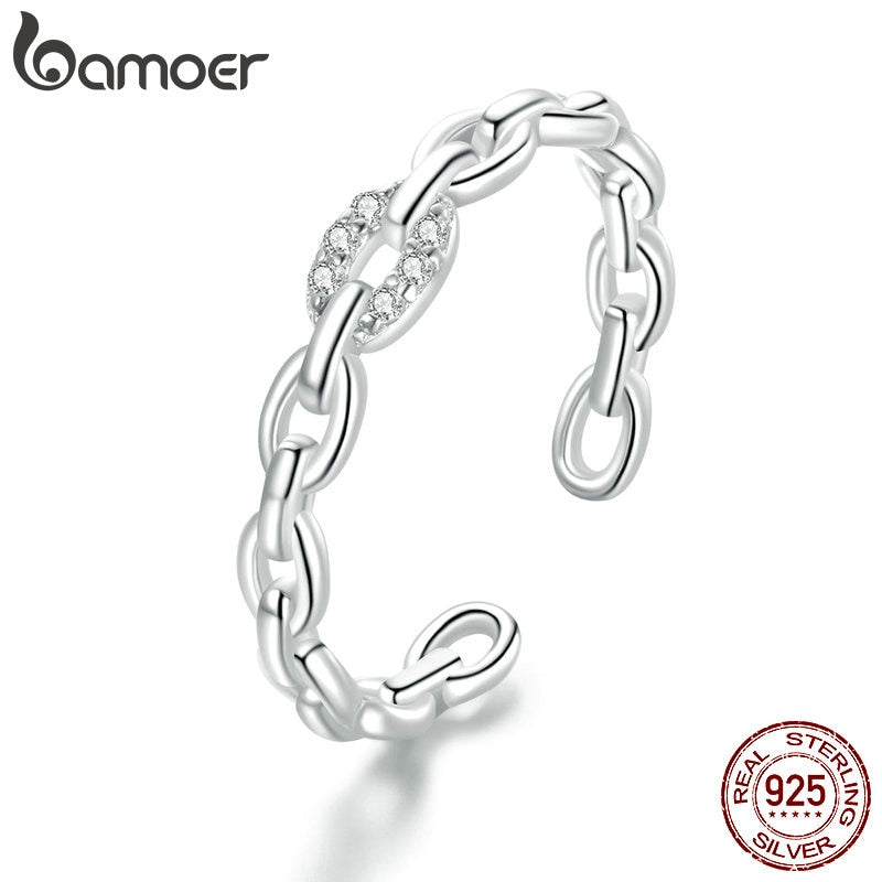 bamoer Genuine 925 Sterling Silver Geometric Chain Ring Finger Rings for Women Wedding Band Engagement Statement Jewelry BSR145