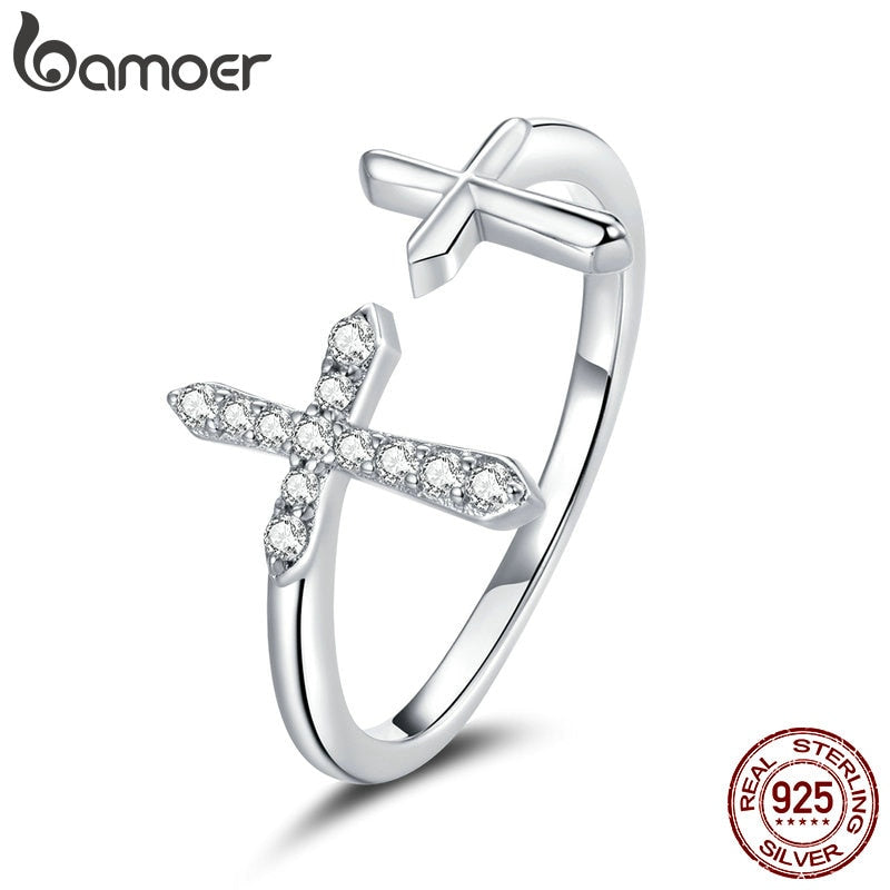 bamoer Genuine 925 Sterling Silver Shine Cross Finger Rings for Women Band Engagement Statement Wedding Jewelry Anel SCR680