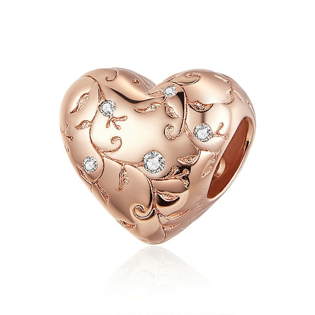 bamoer European Patterns Heart Beads Charm Silver 925 Original Pastoral Style Retro Flower Charms Jewelry DIY 2019 New SCC1323